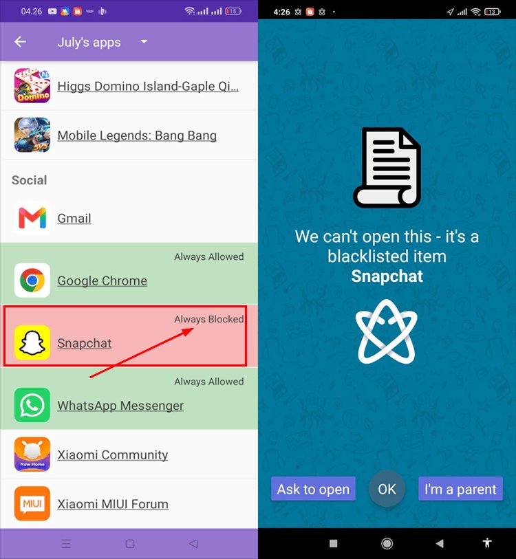 Safe Lagoon App Control blocking Snapchat and showing the child access request screen