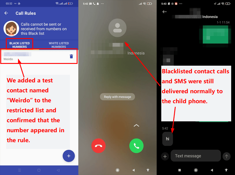 Safe Lagoon blacklist test where a restricted contact still reached the Android child phone by call and SMS