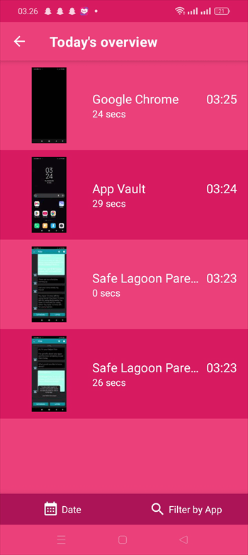 Safe Lagoon Screen Mirror and Android app timeline shown during hands-on testing