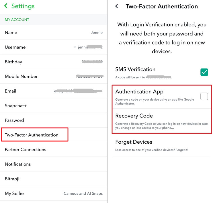 save recovery codes for Snapchat