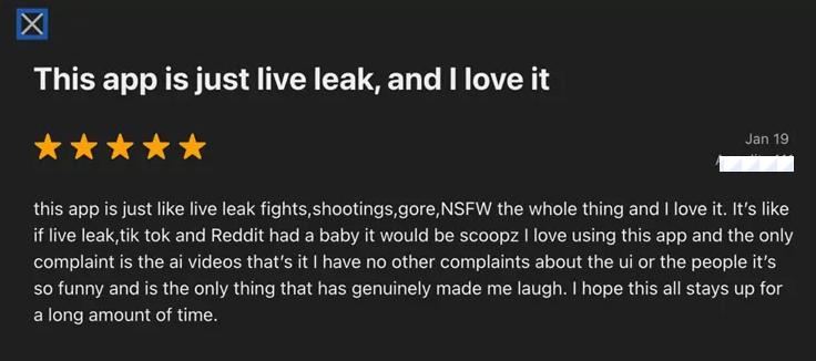 Scoopz app review showing live leak violent and graphic video content