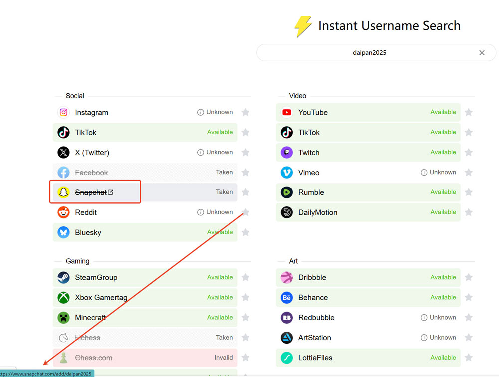 search Snapchat username on instantusername