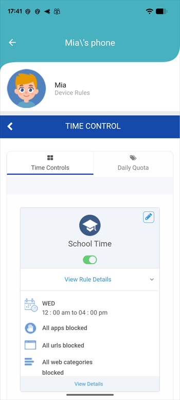 SecureTeen time control detail screen