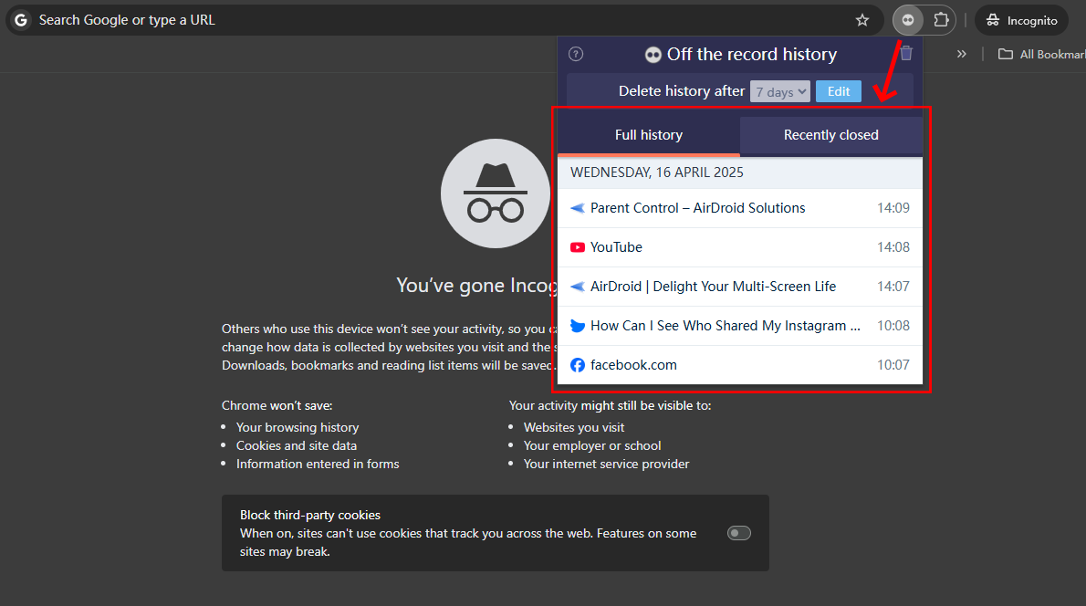 see incognito history with extension