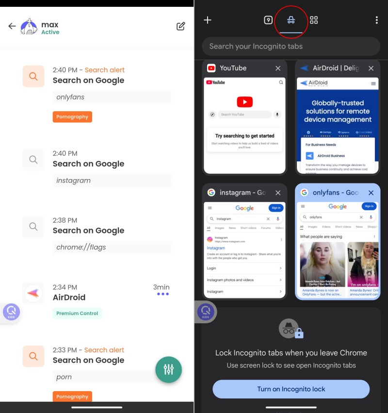 see incognito history with Qustodio