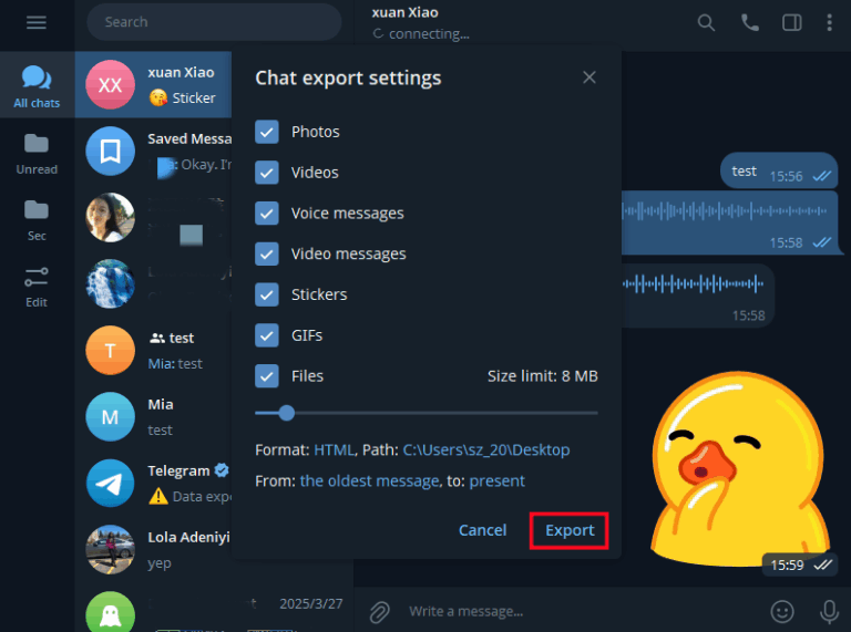 click on Export on Telegram chat