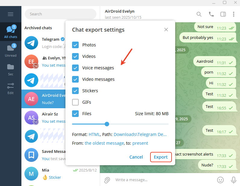 click on Export on Telegram chat
