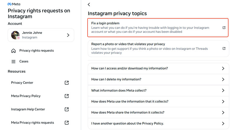 select “Fix a login problem" for Instagram