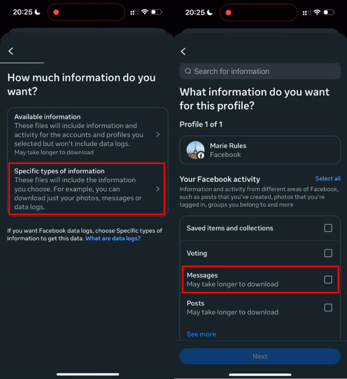 Select messages to download in Messenger