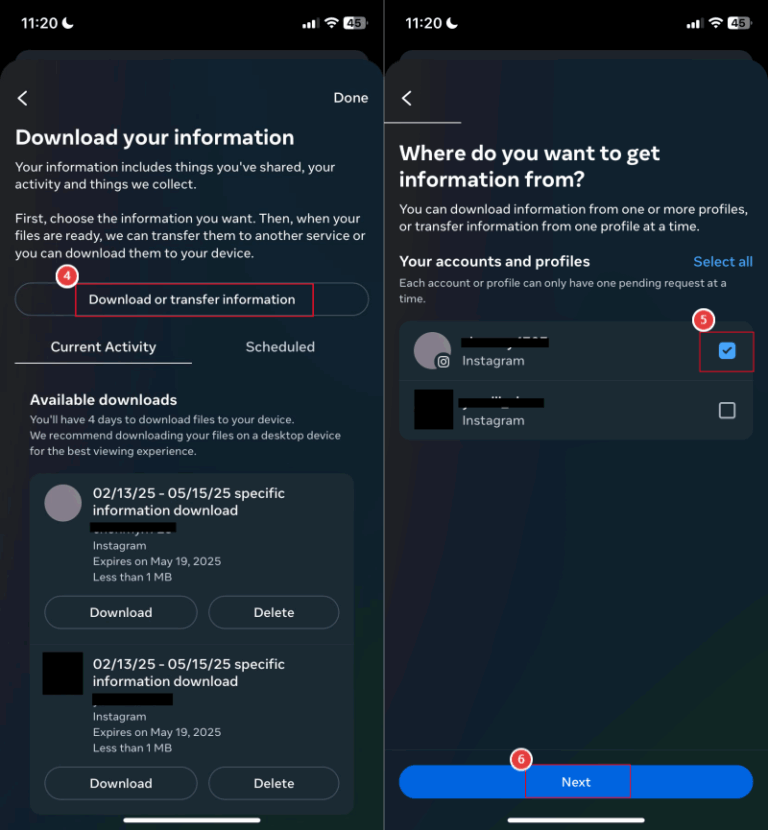 select profile to download Instagram data