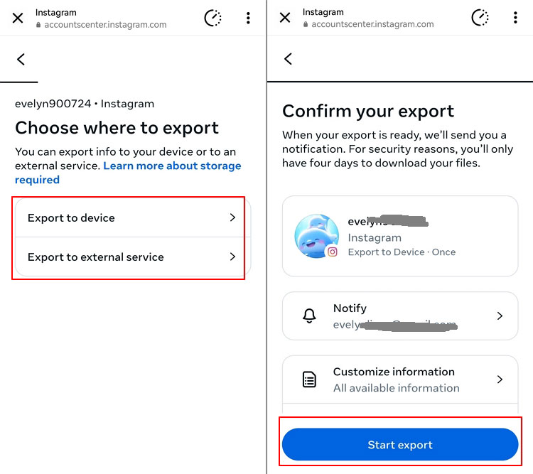 select where you want to export and tapping start export