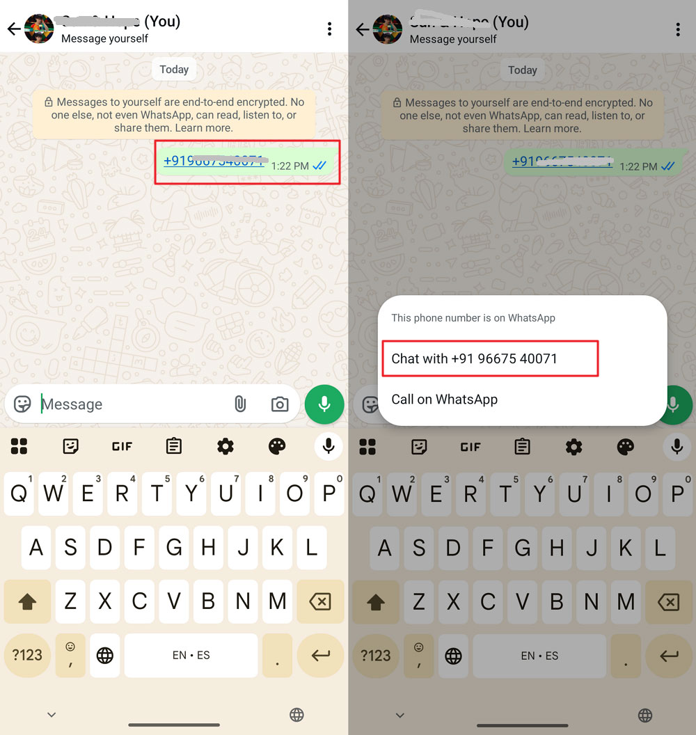 send the number to yourself and tap it to start chat