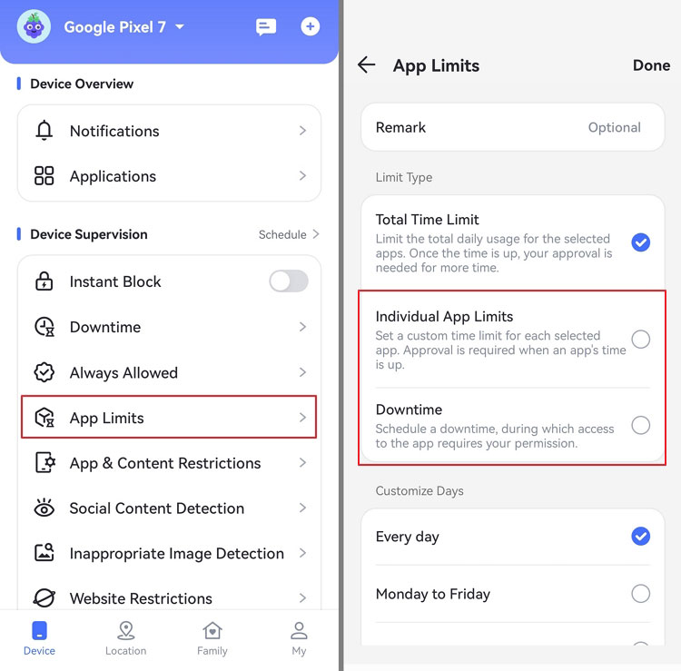 set time limits downtime for WhatsApp on AirDroid