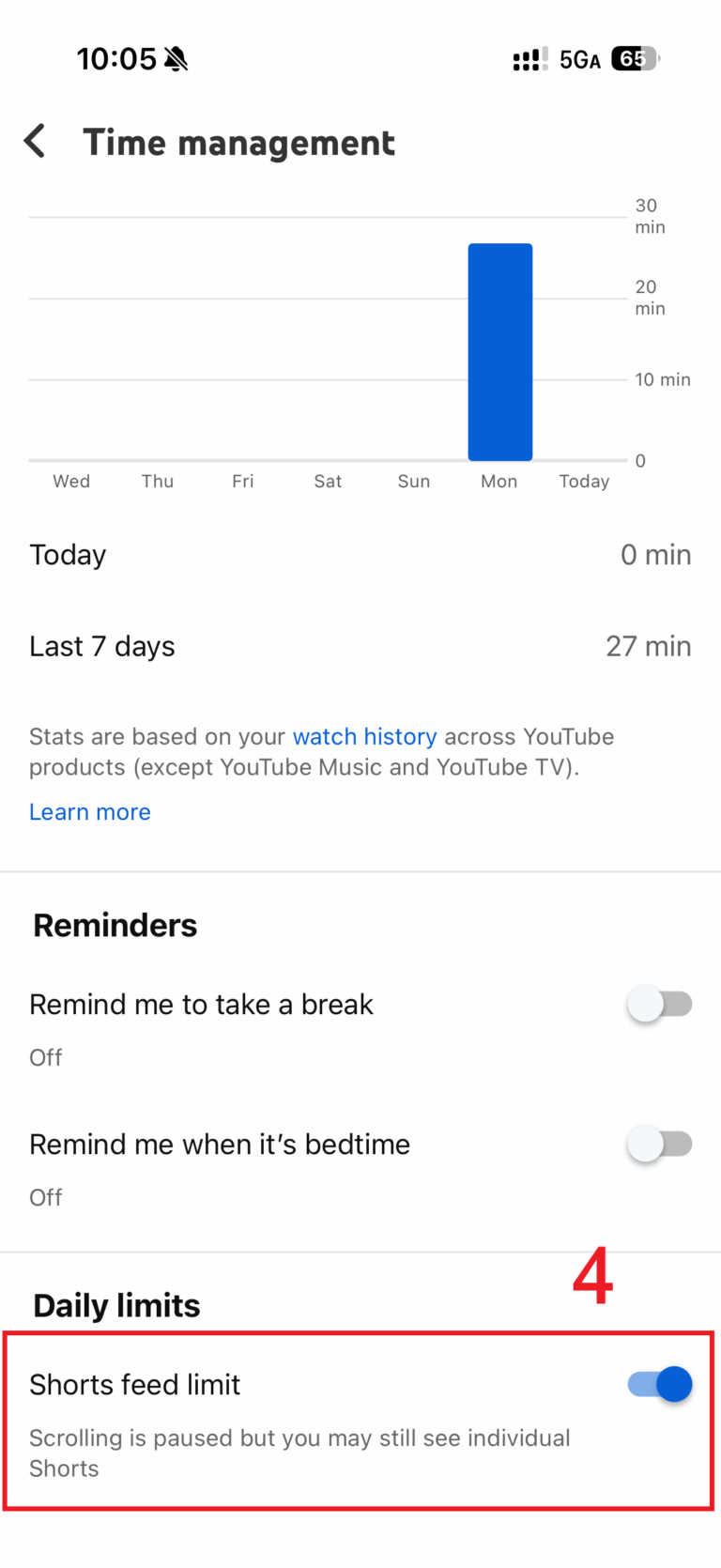 set youtube shorts feed limit on phone