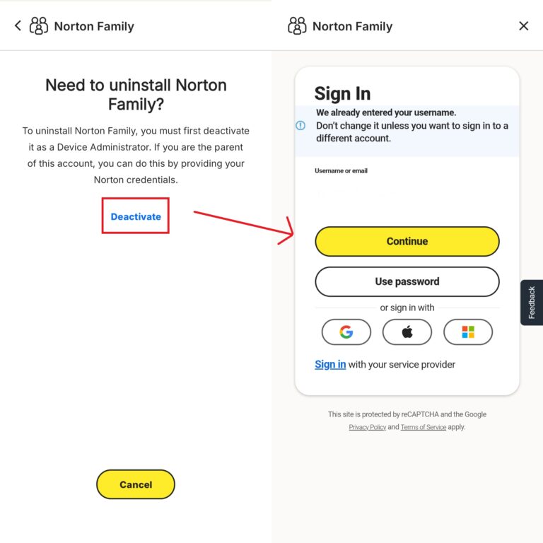 sign in parent account to uninstall norton family app