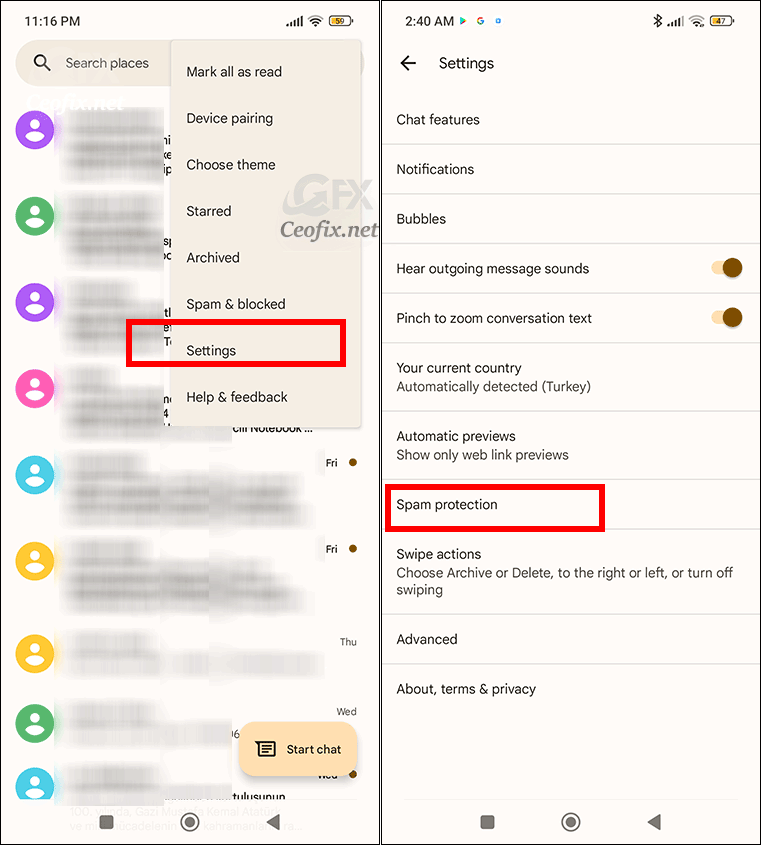 Proteção contra spam no Mensagens do Android