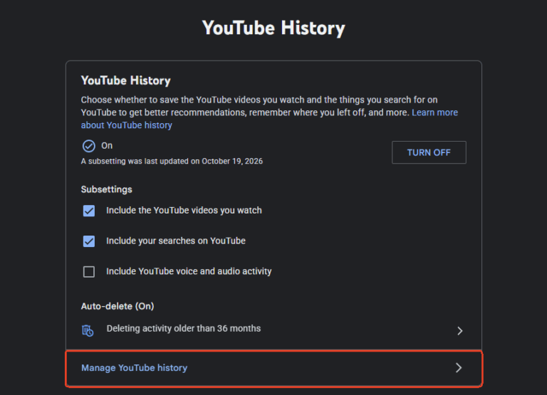 manage youtube history