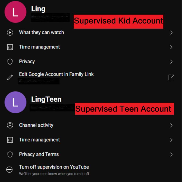 difference between supervised kid youtube account and supervised teen youtube account