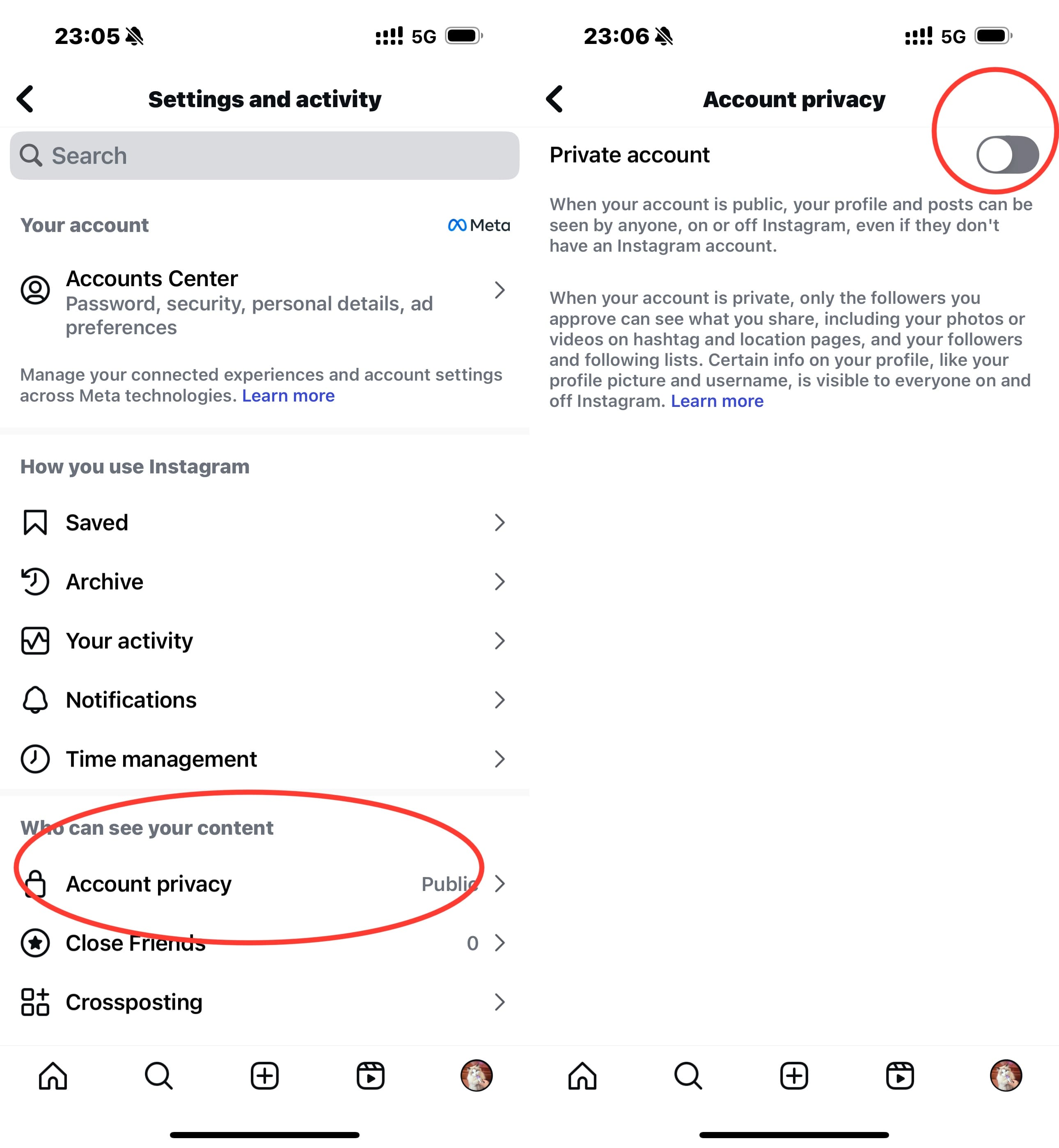 switch Ins account to private