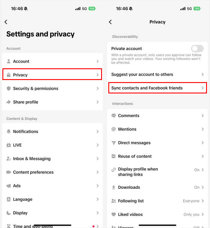 How to sync phone contacts on TikTok settings and privacy page