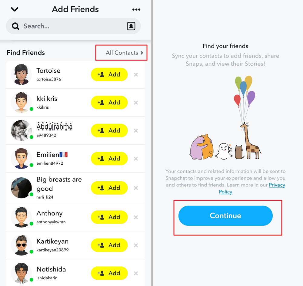 sync contacts with Snapchat