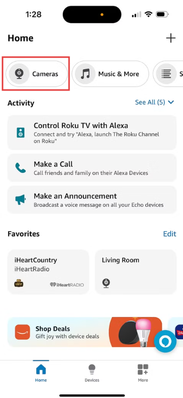 tap Cameras in the Alexa app