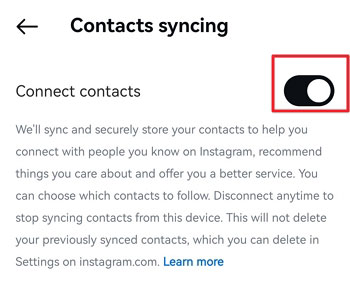 tap Connect contacts to sync contact to Instagram
