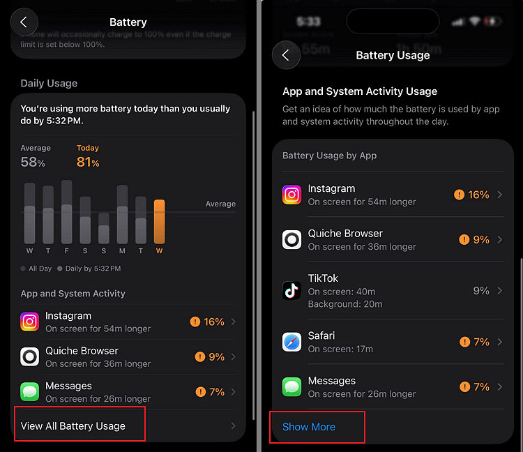tap on View All Battery Usage then Show More