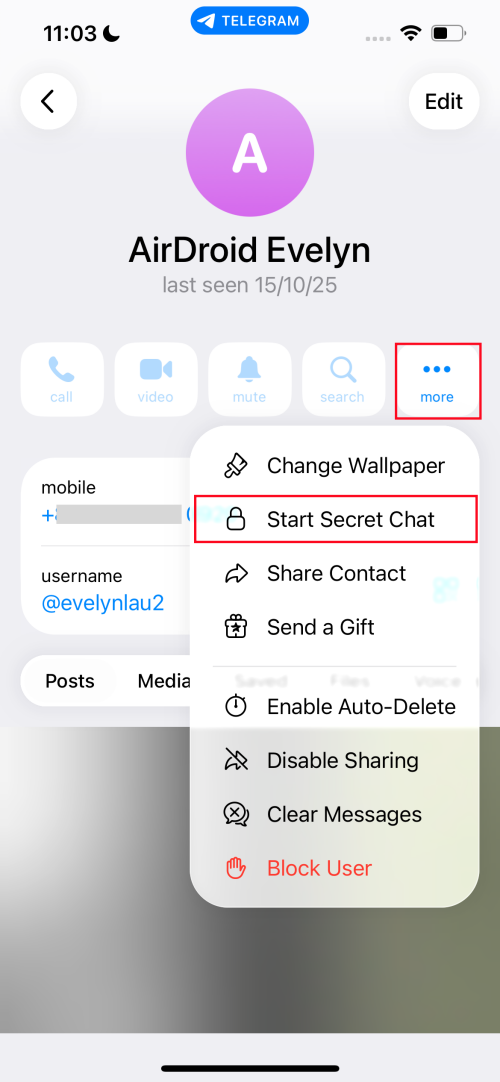 начать секретный чат в Telegram на iPhone