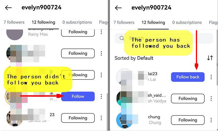 tap the following button to confirm whether the person follow you back