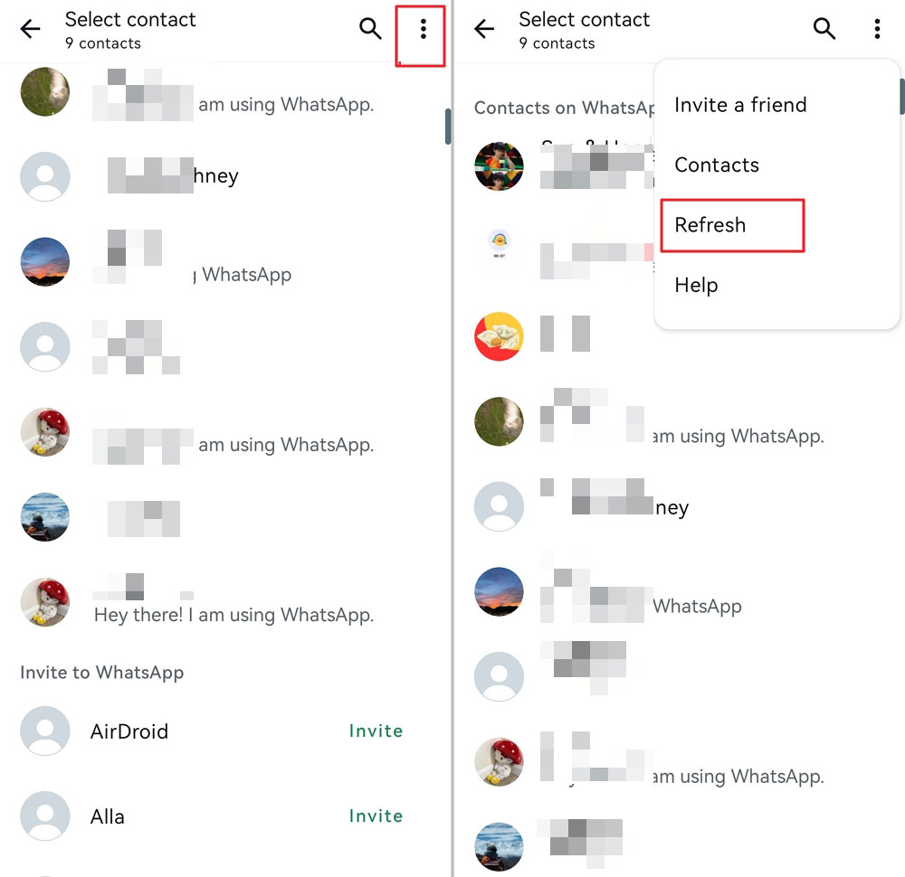 tap the hamburger icon and choose refresh WhatsApp