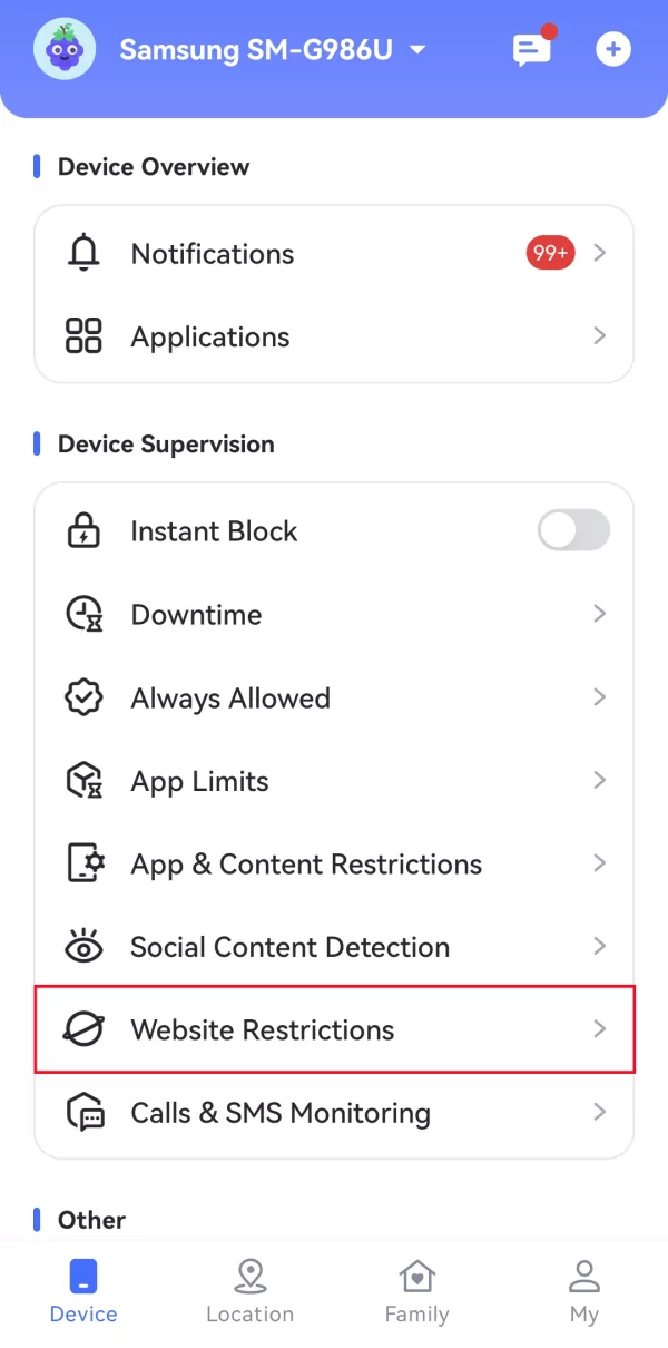 Website-Einschränkungen in AirDroid antippen