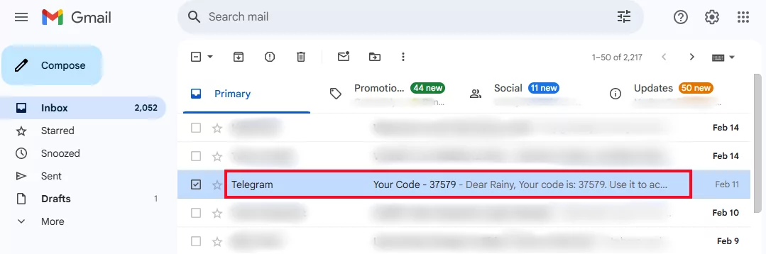 Telegram code via email