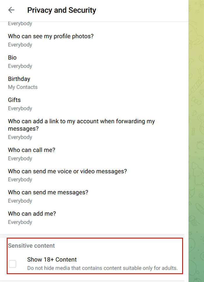 turn off sensitive content on Telegram