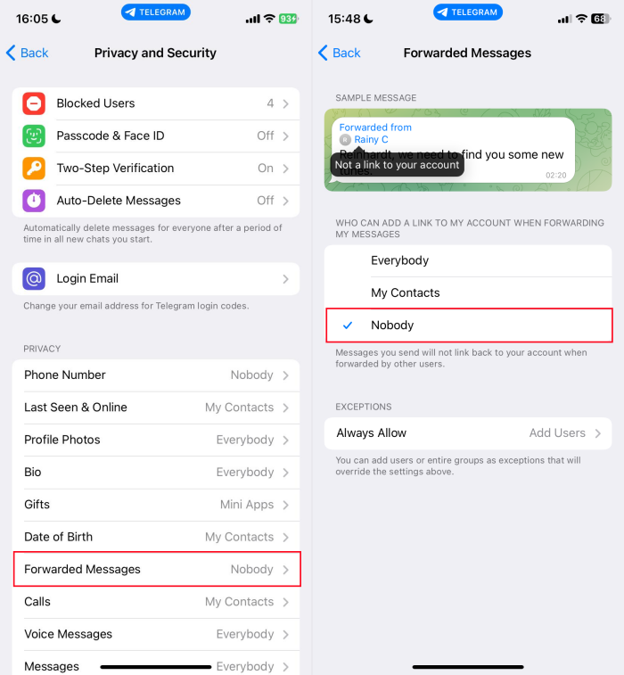 Telegram forwarded message settings