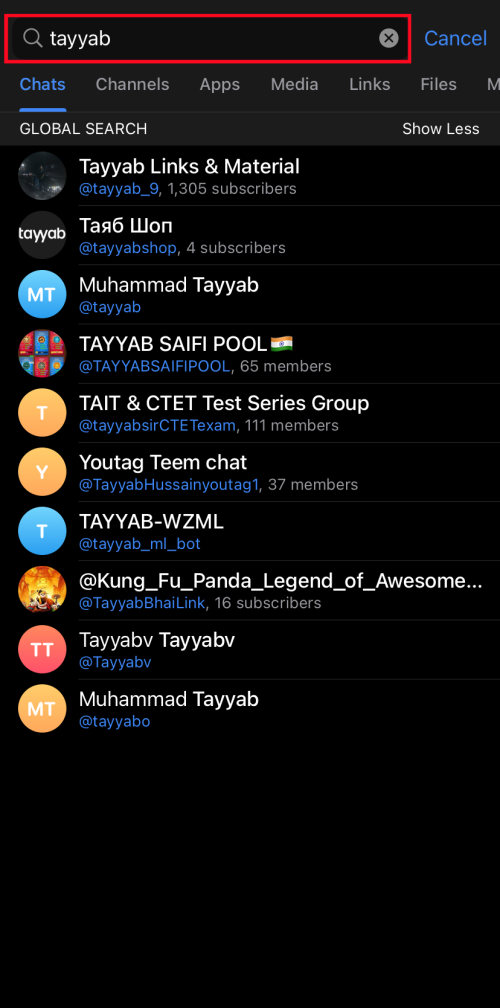 Telegram username search