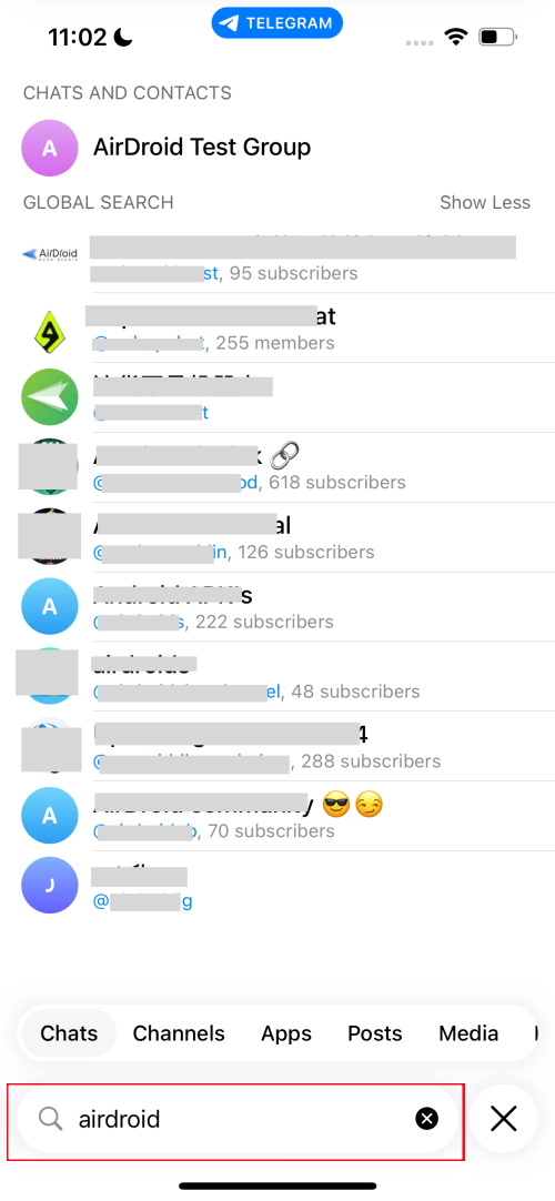 Pesquisando o nome de usuário no Telegram