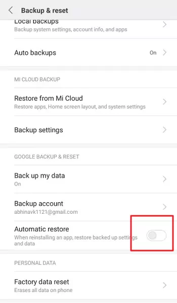 toggle off automatic restore