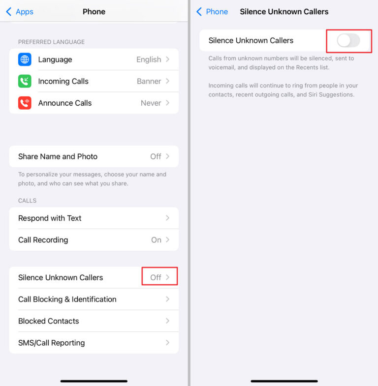attivare Silenzia chiamate sconosciute