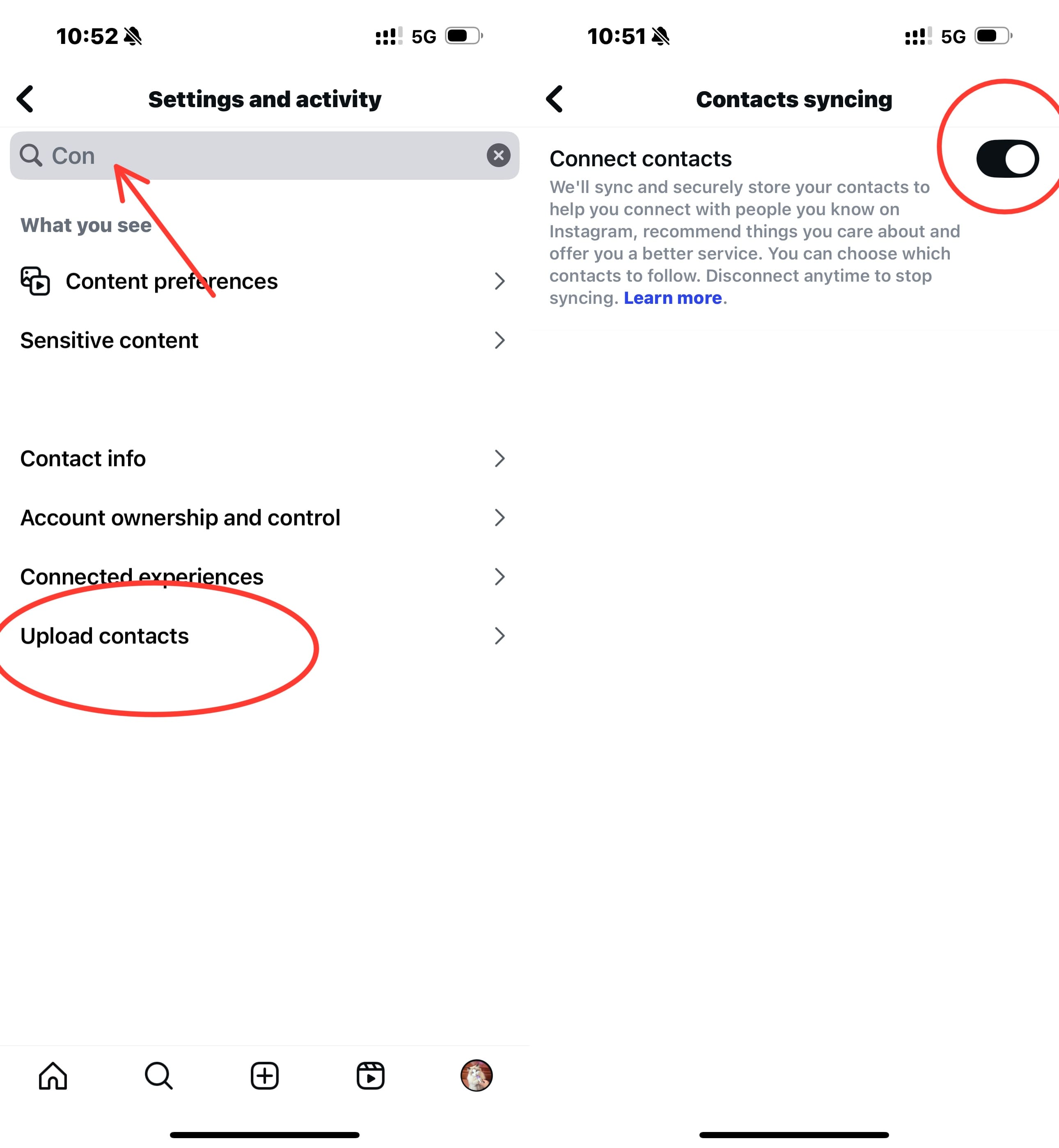 turn off contact syncing Ins