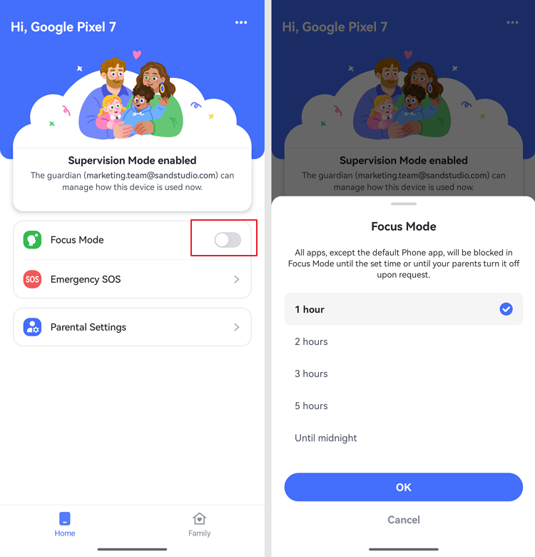 AirDroid Parental Control Focus Mode function