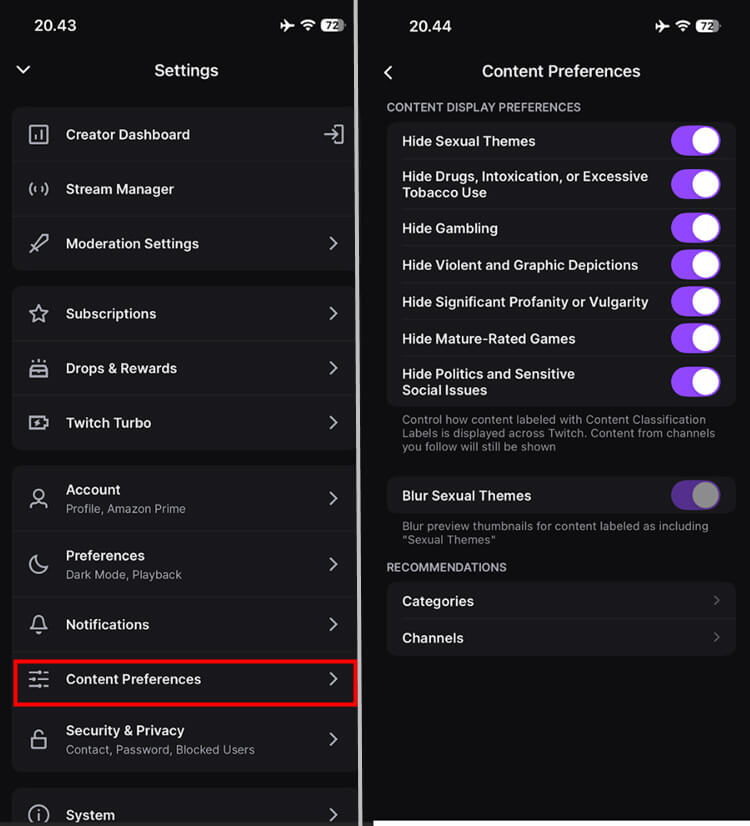 twitch content preference