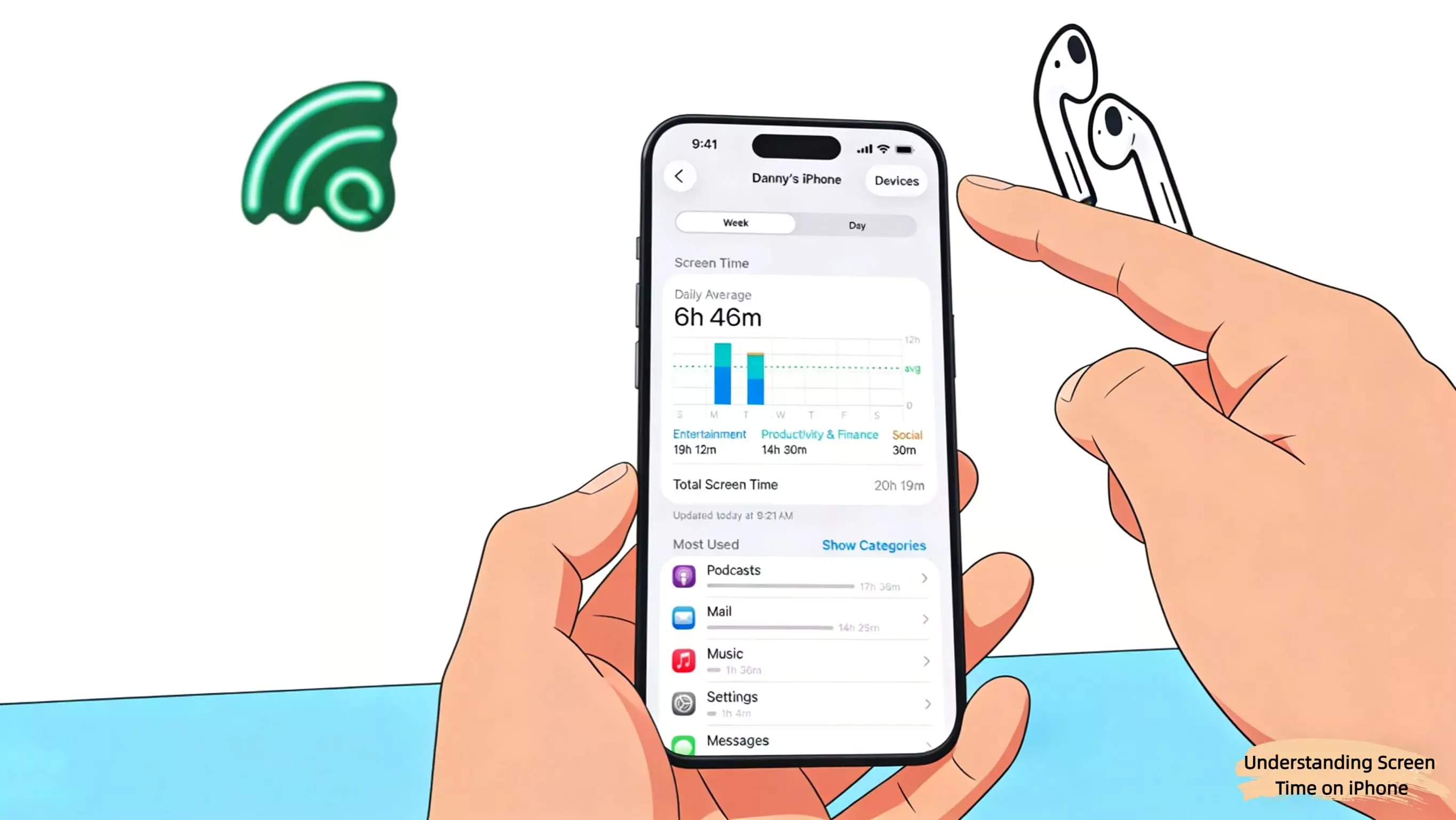 Temps d'écran sur iPhone affichant les statistiques d’utilisation des podcasts et de la musique