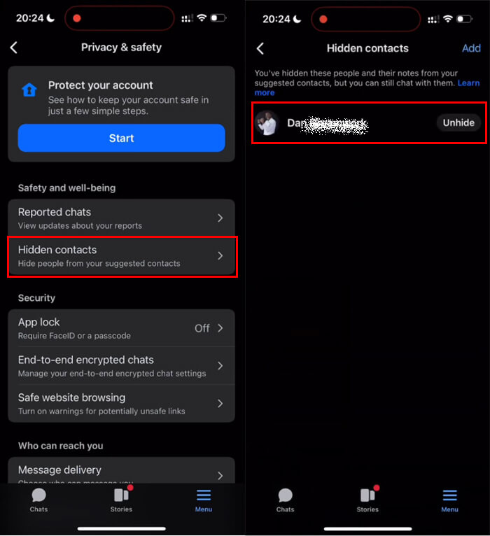 Unhidden contacts in Messenger