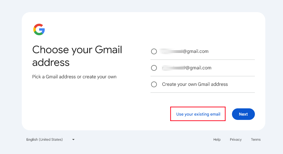 use your existing email for Google