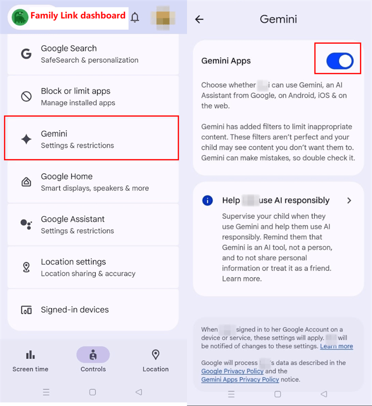 Use Family Link to manage kid's Gemini