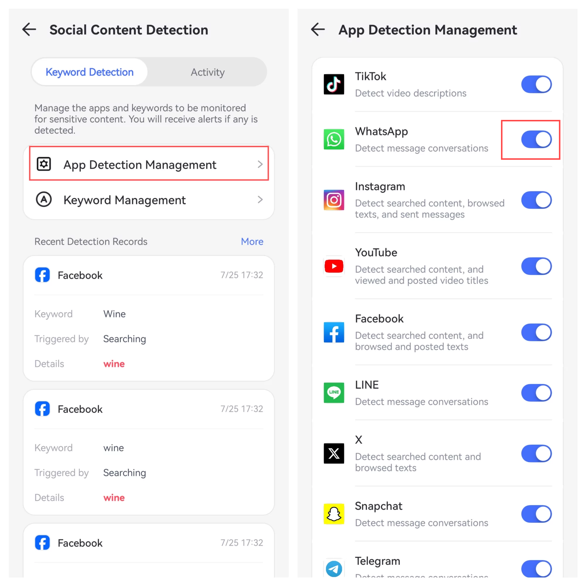 enable content monitoring for whatsapp