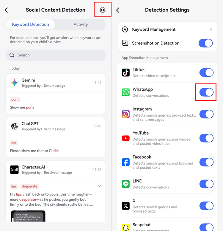 abilita il monitoraggio dei contenuti per WhatsApp