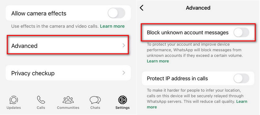 block unknown account message on WhatsApp