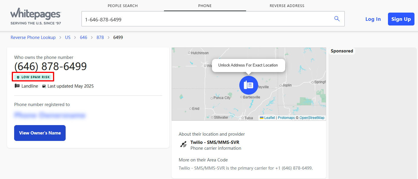 Whitepages reverse lookup result